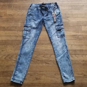 Cargo Pocket Denim Drawstring Marble Wash Jeans